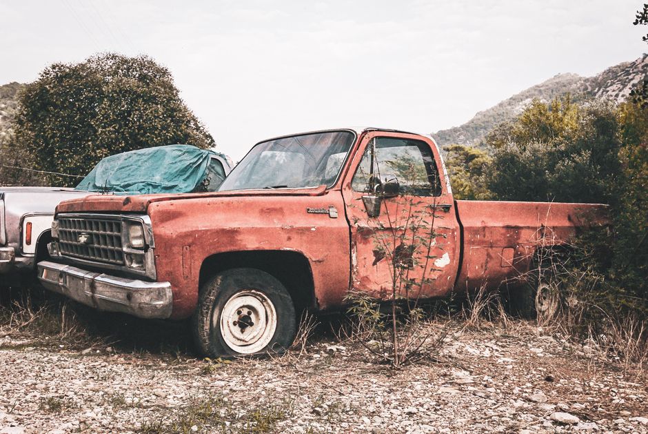 Old pickup truck sitting among overgrown plants.
